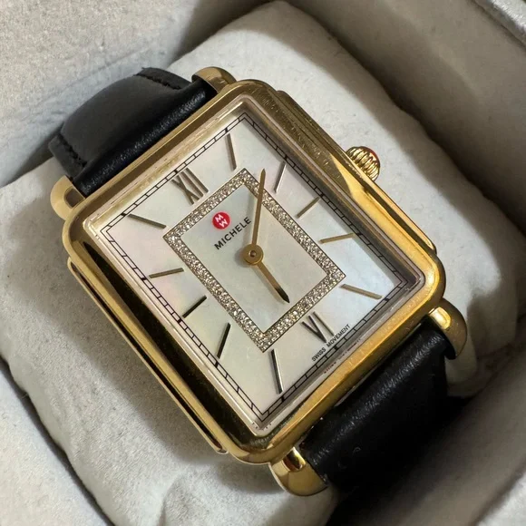 MICHELE Deco II Mother of Pearl Diamond 18K Gold Plated Leather Band Watch - Picture 3 of 15